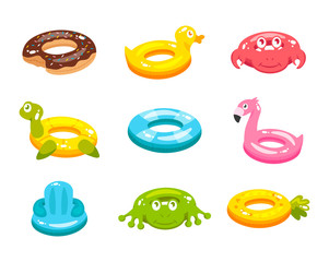 Inflatable swim ring cartoon vector illustration isolated on white background. Donut, duck, crab, turtle, flamingo, circle, circle with back, toad, pineapple
