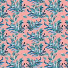 seamless pattern of blue bouquet of leaves on a warm pink background