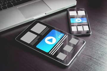 Online advertising on mobile device - Programmatic Advertising cross targeting. Targeted advertising and marketing industry ads effect concept