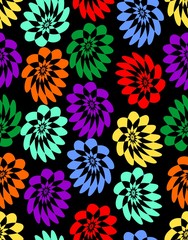 Stylized asymmetrical simple flowers in different vivid colors on black background. Seamless background for fabric and textile design, vector design