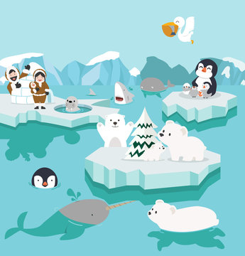 Set of cute cartoon North pole Arctic on icebergs