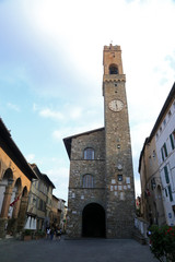Fototapeta na wymiar Historical town hall of Montalcino with very tall medieval tower, Tuscany, Italy