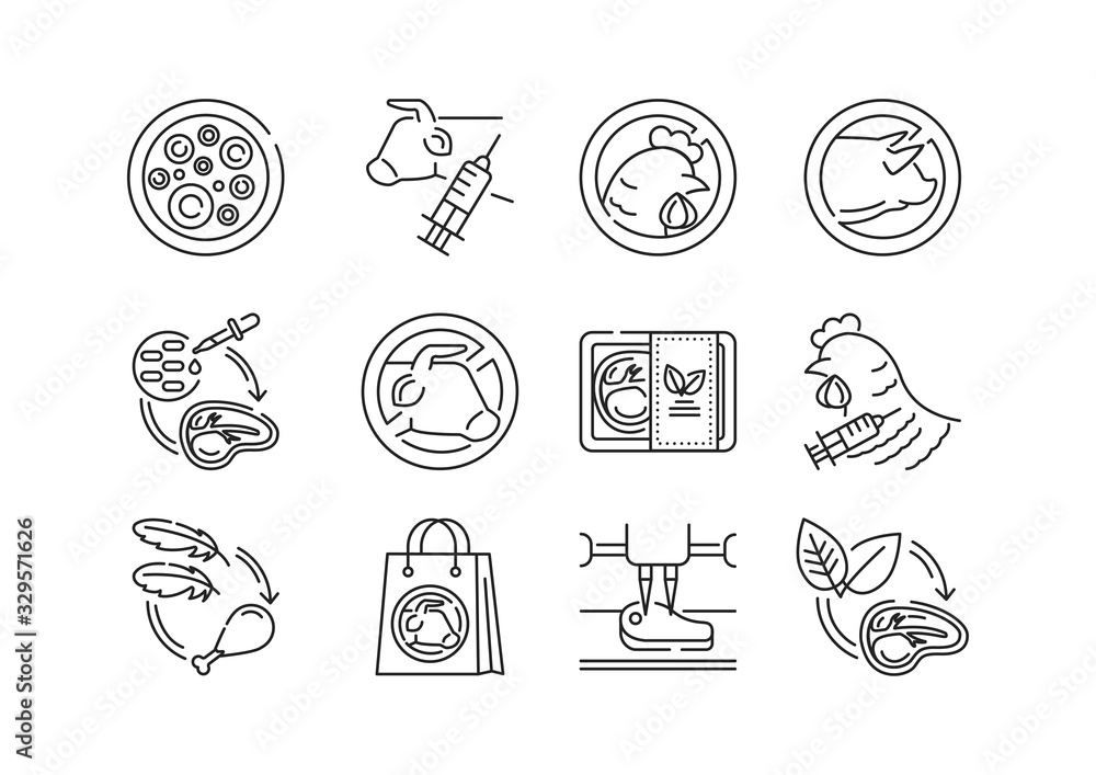 Poster artificial meat black line icons set. cultured meat. meat grown in cell culture instead of inside an