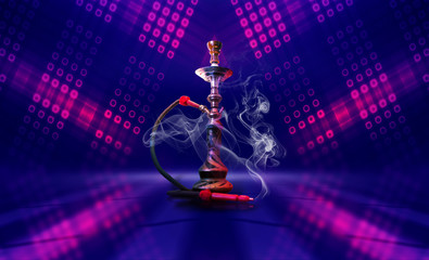 Hookah with smoke on a dark abstract background. Background of p - obrazy, fototapety, plakaty