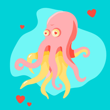 illustration with pink cartoon octopus in love and hearts on a light blue background