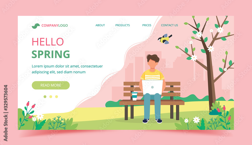 Canvas Prints man with laptop sitting on the bench and spring landscape. landing page template. cute vector illust