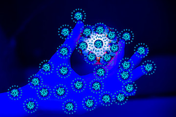 Covid 19 outbreaks.The corona virus is spread worldwide. The symbol represents the infection of Covid-19. In the hands of people.Infection by touching the concept.