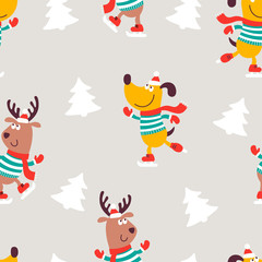 Christmas seamless pattern with image cartoon dogs in striped jersey. Vector illustration.