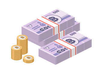 Fototapeta premium Isometric stacks of 500 Thai baht banknotes and coins. Five hundred bills of Thailand money. THB currency notes. Flat style. Vector illustration.
