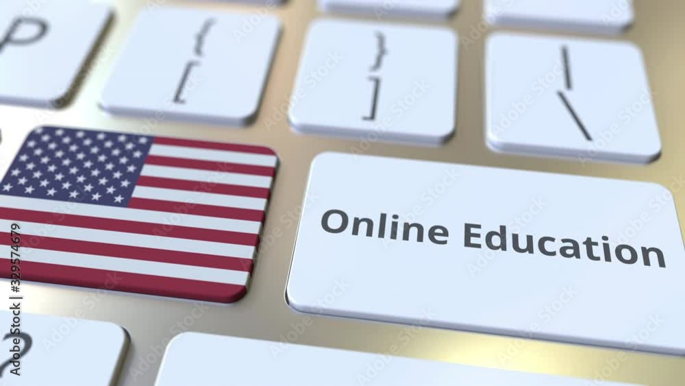 Aufkleber online education text and flag of the usa on the buttons on the computer keyboard. modern profession