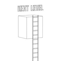 Next level with high giant box wall towards the sky with clouds and tall ladders. Pass challenge to reach the goal concept. Wireframe low poly mesh vector illustration.