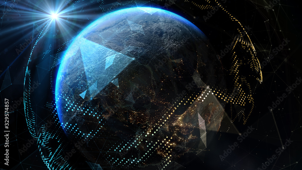 Poster global network connection and telecommunication on earth. elements of this image furnished by nasa -