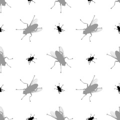 Seamless pattern black fly silhouette isolated, white background, bloodsucking insect repeating ornament, animal wallpaper, pest bug backdrop, disease carrier vector, virus and epidemic spread concept