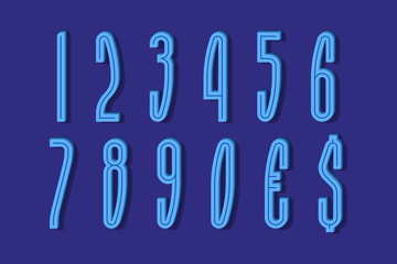 Volumetric high blue numbers and currency signs with middle groove. 3d display font.
