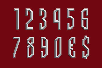 Volumetric prismatic numbers and currency signs. Metallic 3d display font.