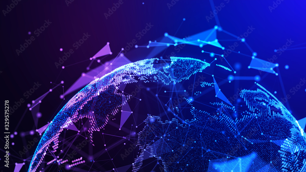 Wall mural connection lines around earth globe. background with light effect. global international connectivity