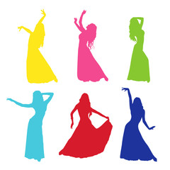 Obraz na płótnie Canvas Vector set of silhouettes of a dancing girl. Eastern dance. A woman dressed in a long skirt is dancing