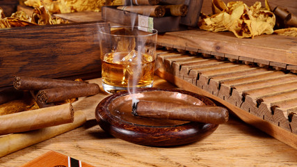 Cigars with Whisky and Tobacco Leaves on wooden Background