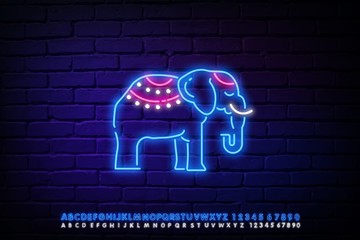 Circus neon sign. Big show design template, logo with elephant in neon style, circus character, neon banner, bright nightly advertisement of circus show, magic show. Vector. Billboard