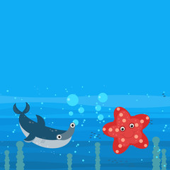 Happy cartoon underwater scene with swimming coral reef fishes illustration