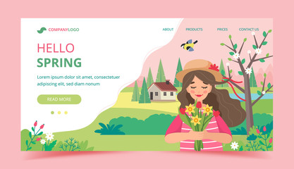 Girl holding flowers with spring landscape. Easter greeting, landing page template. Vector illustration in flat style