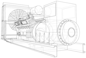Generator. Diesel and gas industrial electric generator. The layers of visible and invisible lines are separated. Wire-frame outline. - obrazy, fototapety, plakaty