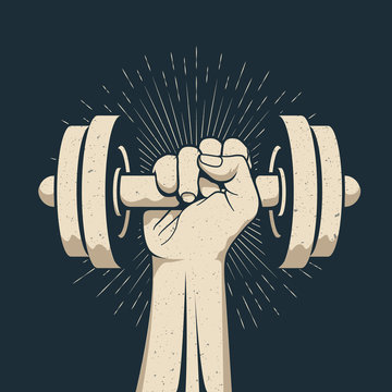 Strong bodybuilder man arm holding dumbbell doing lift exercise isolated on dark background. Sport gym workout fitness concept. Vector illustration.