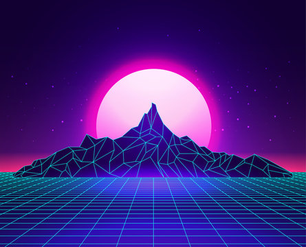 Vaporwave laser grid abstract mountains landscape with sunset on background. Synthwave concept. Vector illustration