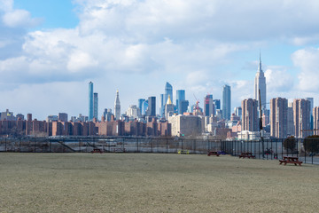 Empty Park in Williamsburg Brooklyn with a view of the Manhattan New York City Skyline