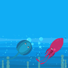 Happy cartoon underwater scene with swimming coral reef fishes illustration