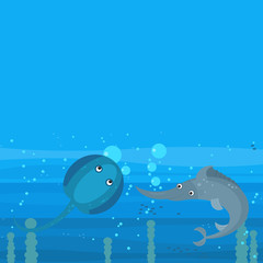 Happy cartoon underwater scene with swimming coral reef fishes illustration
