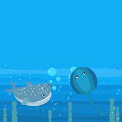 Happy cartoon underwater scene with swimming coral reef fishes illustration