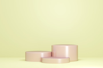 3d rendered illustration with geometric shapes. yellow steps cylinder podium platforms for cosmetic product presentation. mock up minimal design with empty space. Abstract composition modern