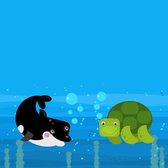 Happy cartoon underwater scene with swimming coral reef fishes illustration