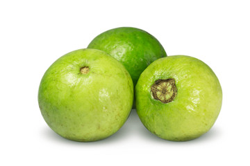 set of three fresh guava fruit on white background