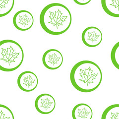 Green maple leaf in a circle. Seamless pattern. Hand-drawn illustration on a white background