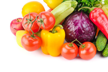 Set of fruits and vegetables isolated on white background.