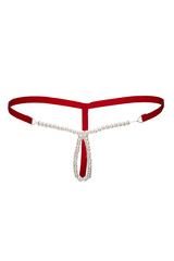 Subject shot of a red thong with thin side straps and a double pearl string in the intimate area. The sexy G-string is isolated on the white background.