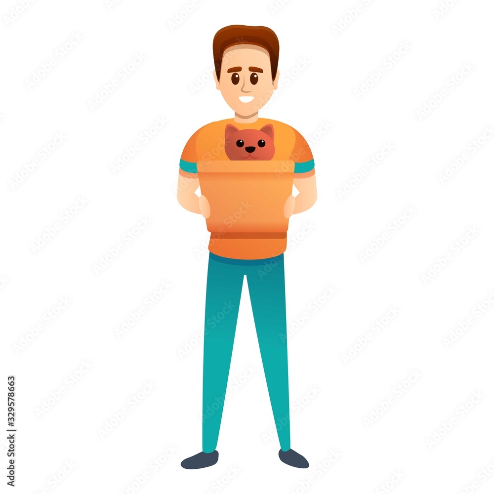 Poster happy man adopt cat icon. cartoon of happy man adopt cat vector icon for web design isolated on whit