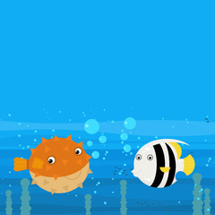 Happy cartoon undersea scene with swimming coral reef fishes illustration
