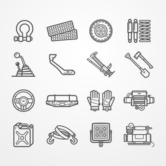 Set of off-road and overland car equipment icons. Shackle sand track wheel suspension gearbox snorkel jack shovel hatchet bumper gloves winch fuel tow strap light compressor. Vector stock image.