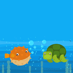 Happy cartoon undersea scene with swimming coral reef fishes illustration