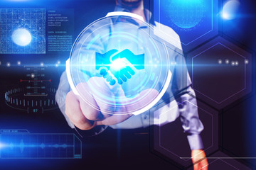 Business, Technology, Internet and network concept. Young businessman working on a virtual screen of the future and sees the inscription: