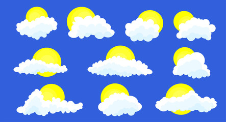 Clouds set isolated on a blue background. Simple cute cartoon design. Icon or logo collection. Realistic elements. Flat style. Vector illustration