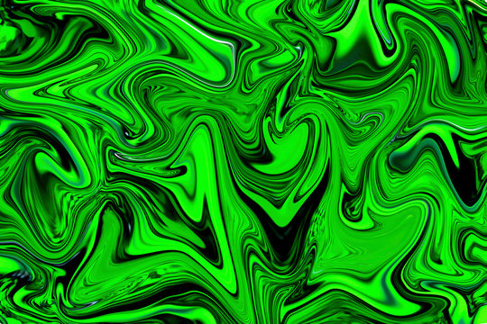 Green liquid marbling paint swirls background. Fluid painting abstract texture.