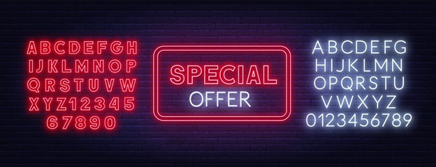 Special offer neon sign on brick wall background. Template for design with fonts. Vector illustration.