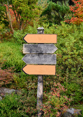 Wooden signboard in ornamental garden