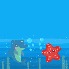 cheerful cartoon underwater scene with swimming coral reef fishes illustration
