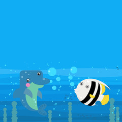 cheerful cartoon underwater scene with swimming coral reef fishes illustration