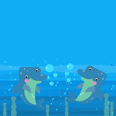 cheerful cartoon underwater scene with swimming coral reef fishes illustration